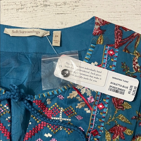 Soft Surroundings Teal Floral Embroidered Boho Tunic - Picture 5 of 11